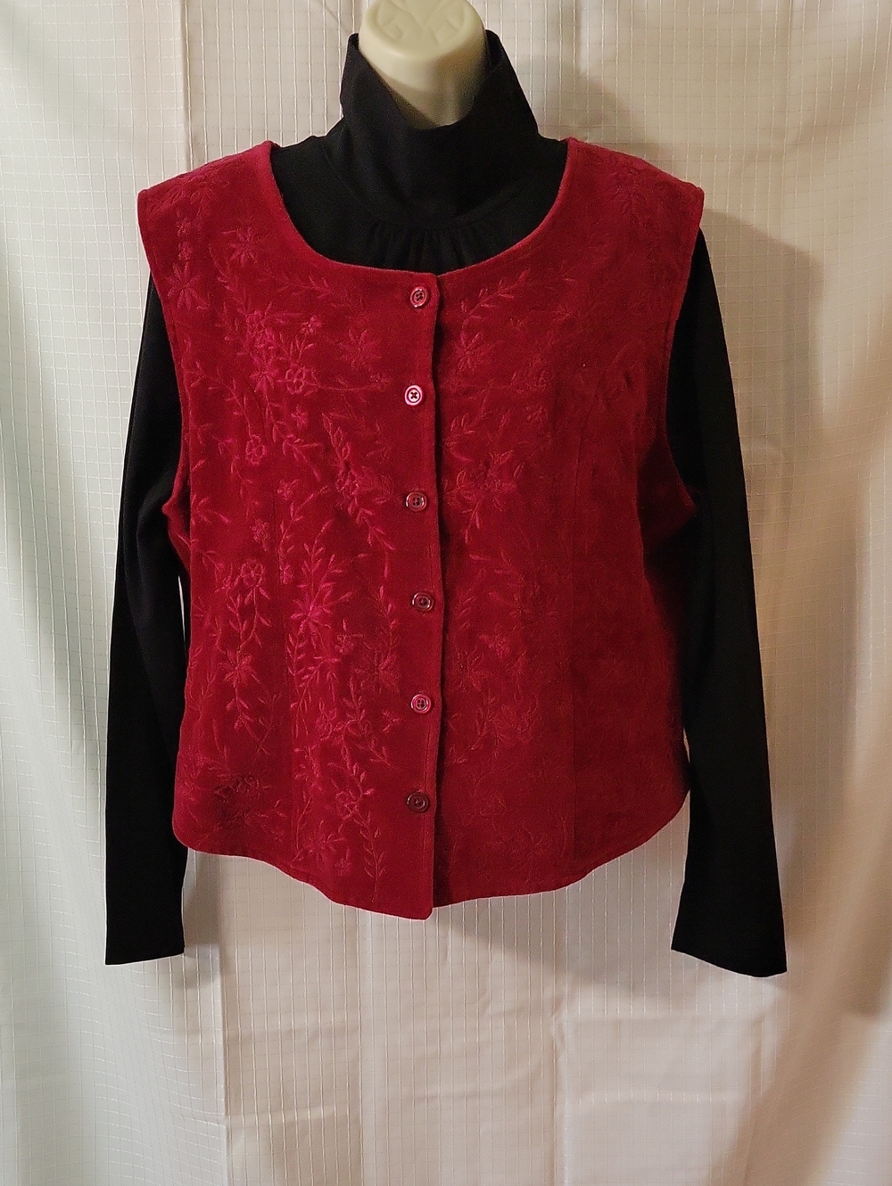 Northcrest Burgandy Embroidered Button-Front Vest Only,  Size XL
